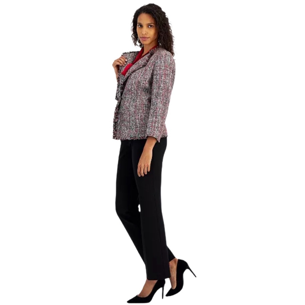 Kasper Women's One-Button Fringe Tweed Blazer, Regular & Petite NWT Red/Black - Picture 3 of 4